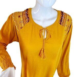 Style Co Plus Size Boho Yellow Cotton Knit Top Tie Neck Long Slv Womens1XL NWT